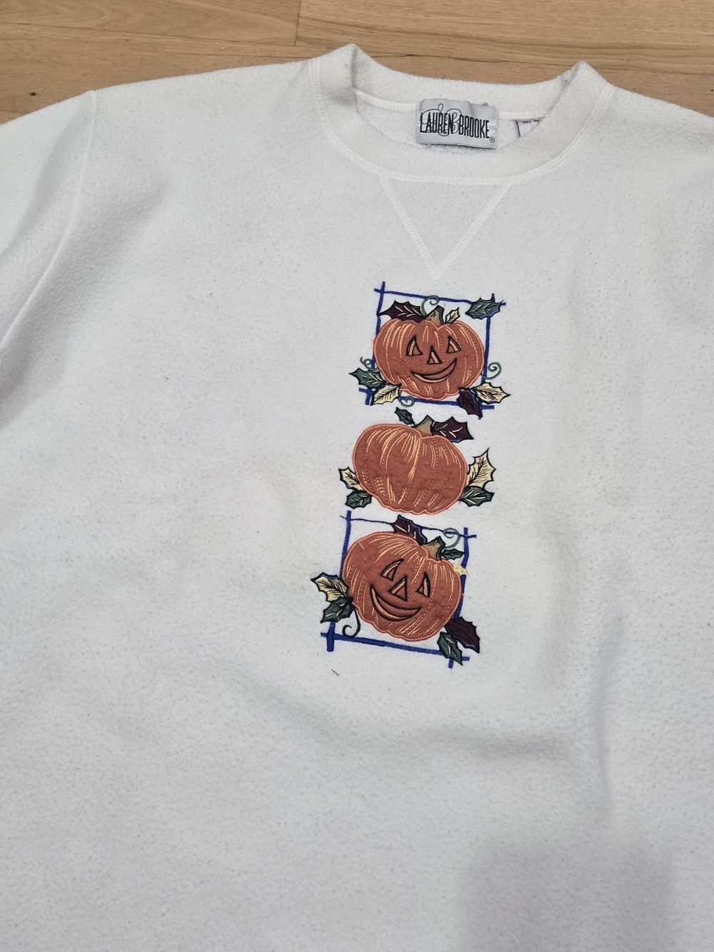 Lauren Brooke White Fleece Crewneck Top with Orange Pumpkin Embroidery